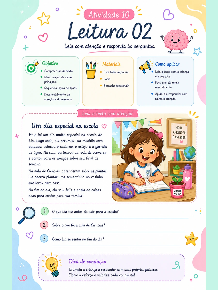 Atividade de leitura com texto e perguntas